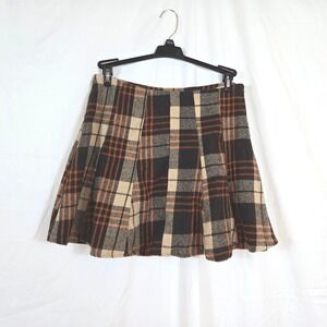 HYFVE Womens‎ Brown Orange Plaid Skater A-Line Y2K Indie Mini Skirt Large Retro